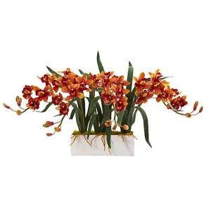 Nearly Natural Cymbidium Artificial Arrangement In White Vase Burgundy - Picture 1 of 1