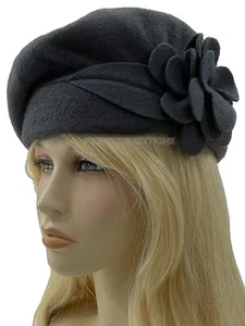 Laulhere French Hat 100% Merino Wool - Flower - Gray 6 7/8 - 7 Made France - Picture 1 of 4