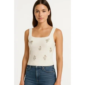 Abercrombie & Fitch White Tan Knit Floral Crop Top Cropped Tank Top Size XS - Picture 1 of 8
