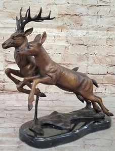 Bronze Deer Sculpture Home Decor Two Running Deer Statues Hand Made Artwork - Picture 1 of 10