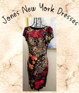 JONES NEW YORK Silky Knit Sheath Dress-Vibrant Fall Colored Floral Print-8 Petit - Picture 1 of 5