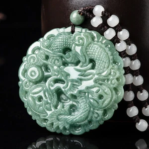 100% Grade A Natural Green Jade Jadeite Bless Dragon Circle Pendant - Picture 1 of 4