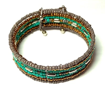 Cuff Bracelet, Blue-Green Color, Flexes Open, Glass Beads, Fits Wrists 6.5-8" - Image 1 of 2