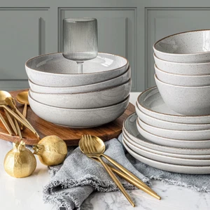 Round Stoneware Dinner Dining Set, 16 Piece Contemporary Bowls Plates Crockery - Picture 1 of 13
