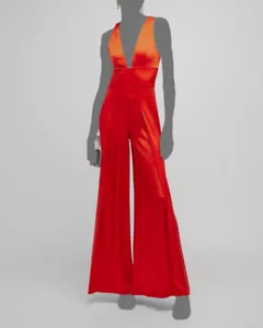 $595 Alice + Olivia Women's Red Myrtle V-Neck Wide-Leg Satin Jumpsuit Size 0 - Picture 1 of 4