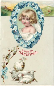 Easter Greetings Baby Infant with Sheep Floral Postcard - Picture 1 of 2