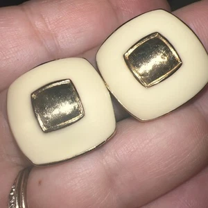 Women's Square Gold and Ivory Enamel Clip-on Earrings - Picture 1 of 8