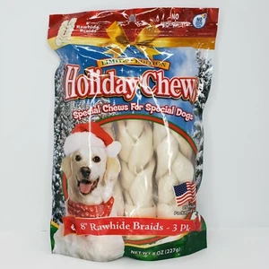 1 Bag Specialty Products Limited Edition Holiday Chews 3 Count 8" Rawhide Braids - Picture 1 of 7