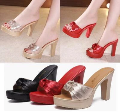 Damen Slip Auf Schleife Sandalen High Heels Plateau Blockabsatz Schuhe Peep Toe - Bild 1 von 4