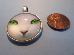 White Cat Pendant encased in silver with engraved Sacred Geometry Sunflower back - Picture 1 of 1