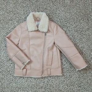 Zara Girls Size 9 Soft Pink Faux Leather Jacket Sherpa Fur Lined Winter Coat  - Picture 1 of 8