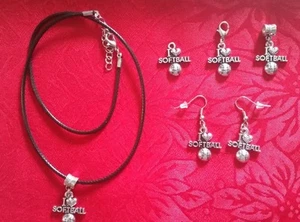 I LOVE SOFTBALL ANTIK SILBER CHARM - SPORT - HALSKETTE - OHRRINGE - HERZ - Bild 1 von 11