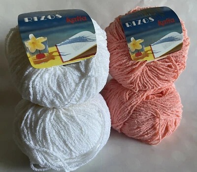 Mixed Lot of 4 Balls Katia Rizos cotton textured yarn White & Pink Soft Baby - Image 1 of 4
