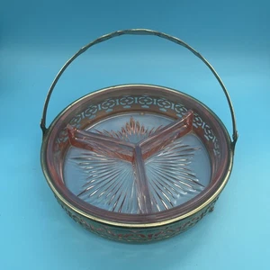 Vintage rosa Depression Glas Relish Schale mit Silber Teller Griff Boden - Bild 1 von 6