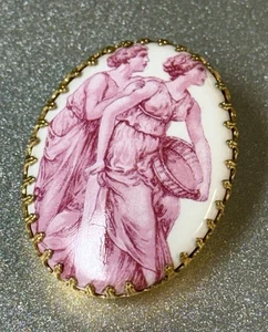 Vintage goldfarbene französische Toilette Porzellan rosa Kamee Brosche CJ-M-5 - Bild 1 von 5