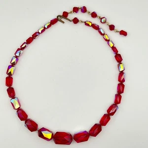 Vintage Red Czech Crystal AB Bead Necklace 16" Faceted Glass Aurora Borealis - Picture 1 of 5