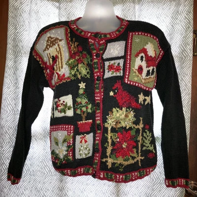 Suéter Cárdigan Bordado Navidad Negro Rojo Heirloom Collectibles Talla Med Foto 1 de 4