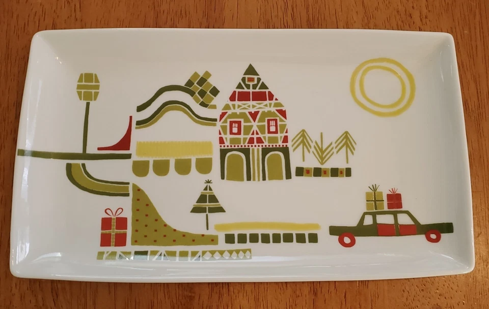 Crate & Barrel  Holiday Signed Julia Rothman Yule Town Square Tray 10" X 6-3/4" - Image 1 of 4