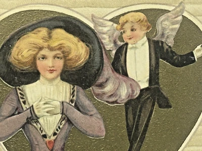 Schmucker Tarjeta Postal de San Valentín Winsch Bonita Dama Esmoquin Hada Cupido Sombrero de copa Foto 1 de 3