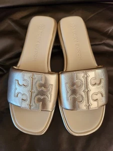 Tory Burch Double T Sport Slides Sandals Flip Flops Flats Metallic Leather SZ 9 - Picture 1 of 11