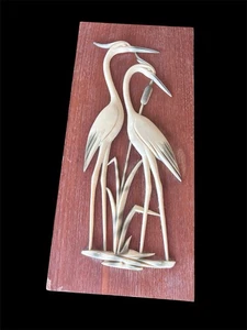 CRANES Reeds Mid Century MCM 1960s NATURE Wall Decor Plaque Art 3d Resin Wood - Picture 1 of 8