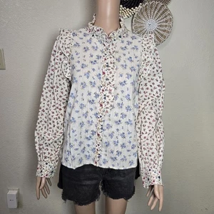 Sézane Damen 36 (US 4) Creme Blau Rosa Blumen Rüschen Top Bluse - Bild 1 von 11