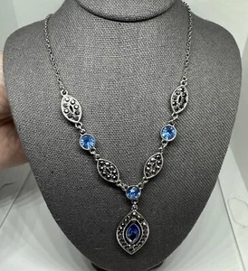 Art Deco Style Silver Blue Rhinestone Marcasite Necklace 16" Liz Claiborne - Picture 1 of 7