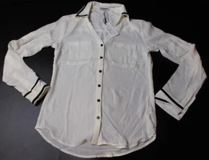 Express Womens Portofino V-Neck Button-Down Long Sleeve Shirt White/Black Sz XXS - Picture 1 of 6