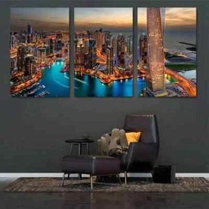 3pcs Dubai Marina Night Skyscrapers & Waterfront Wall Art Canvas Framed 50x70cm - Picture 1 of 3