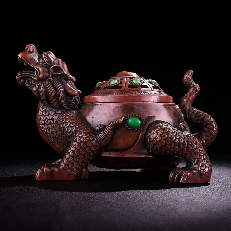 Joias incrustadas manuais antigas de cobre vermelho oito trigramas, queimadores de incenso de tartaruga dragão - Imagem 1 de 4