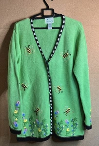 The Quacker Factory Bees And Flowers Embroidered Green Cardigan Size Medium - Picture 1 of 7