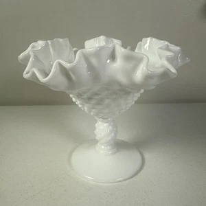 Fenton White Milk Glass Hobnail Pedestal Candy Bowl Dish Compote Crimped Edge 5" - Picture 1 of 5