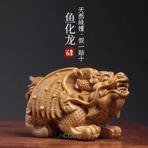 11.8*6.2*6.6cm Hand Carved Green Sandalwood Netsuke: Fish Turned Dragon - Picture 1 of 5