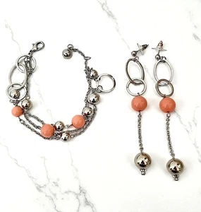 Upcycling Lachs Pfirsich Perlen Leicht Kette Alltag Armband Ohrringe Set - Bild 1 von 5