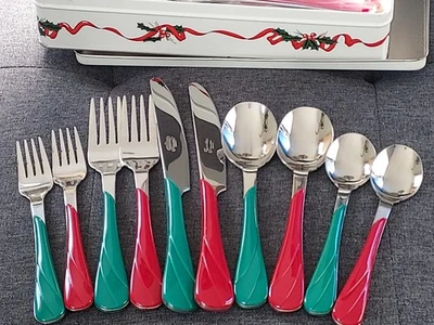 嘉年华,假日餐具,8 个位置设置,绿色和红色,漩涡手柄,全新带盒 — 第 1/4 张图片