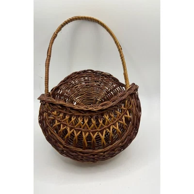 Cesta de mimbre mango redondo vintage marrón tejido decoración almacenamiento Foto 1 de 4