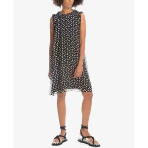 NWOT Max Studio London Pleated Ruffle-Trim Dress, Black Taupe Dot, Women's Med - Picture 1 of 8