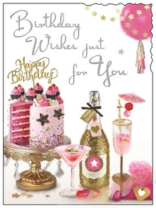 Biglietto Compleanno Donna Jonny Javelin Aperto - Torta Rosa e Champagne Oro 7,25x5,5" - Foto 1 di 3