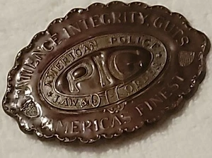AMERICAN POLICE Law&Order PIG BELT BUCKLE Patience Integrity Guts Vintage 1977 - Picture 1 of 2