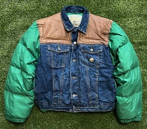 80s vintage chevignon denim leather Goose Down jacket size M - Picture 1 of 6