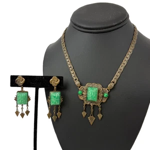 Collar de cadena vintage Art Noveau de vidrio de Pekín verde y latón + pendientes de clip - Imagen 1 de 14