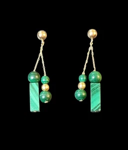 14K Yellow Gold Vintage Deco Dangle Earrings With Green Malachite NOT Scrap - Picture 1 of 11