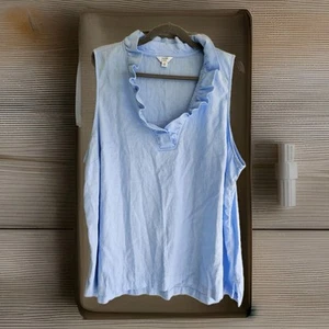 Crown & Ivy Blue Ruffle VNeck Sleeveless Linen Blend Blouse 3X Beachy - Picture 1 of 4