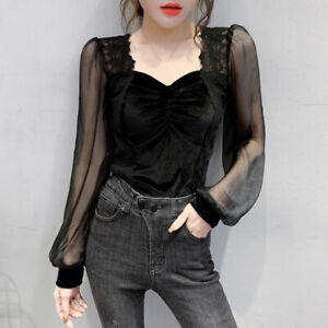 Lady Lace Velvet Shirt Long Sheer Mesh Sleeve Patchwork Sexy Slim Pullover Tops