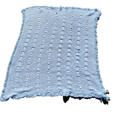 NUEVA Manta Bebé Ganchillo Hecha a Mano Afgana (Azul y Blanco) con Cinta Foto 1 de 4