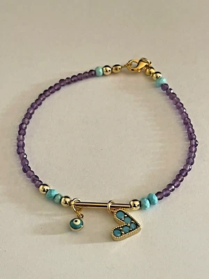 Brazalete Oro Púrpura Amatista Suerte Azul Mal de Ojo Corazón Dije Foto 1 de 4