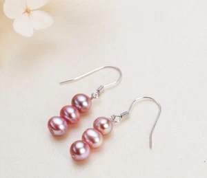 Z02 Earrings 3 Purple Freshwater Pearls 5 MM Sterling Silver 925 - Imagen 1 de 4