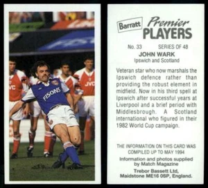 John Wark #33 Barratt Premier Players 1994 Basset Candy Card - Picture 1 of 1