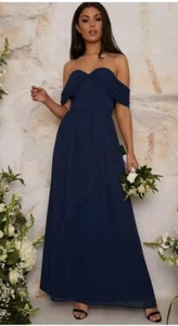 Chi Chi London UK12 Bardot Draped Chiffon Maxi Dress Blue - Picture 1 of 8
