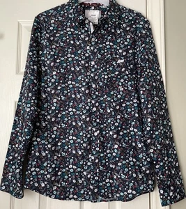 Paper Denim & Cloth Shirt Mens Medium Slim Navy Floral Long Sleeve Stretch - Picture 1 of 7